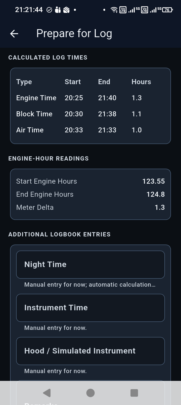Prepare for Log screen showing calculated log times and engine-hour readings.