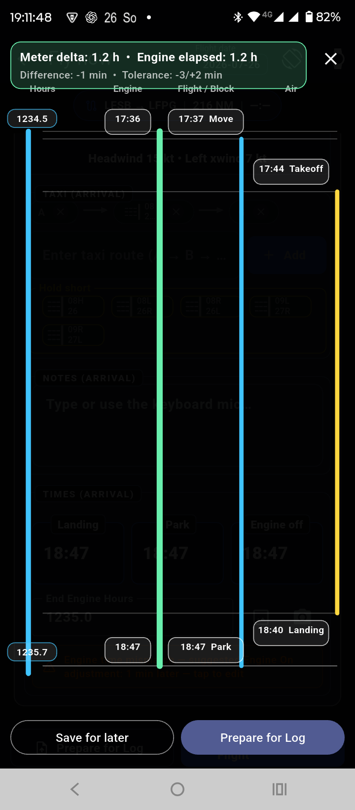 Flight timeline reconciliation screen showing balanced engine hours and time.