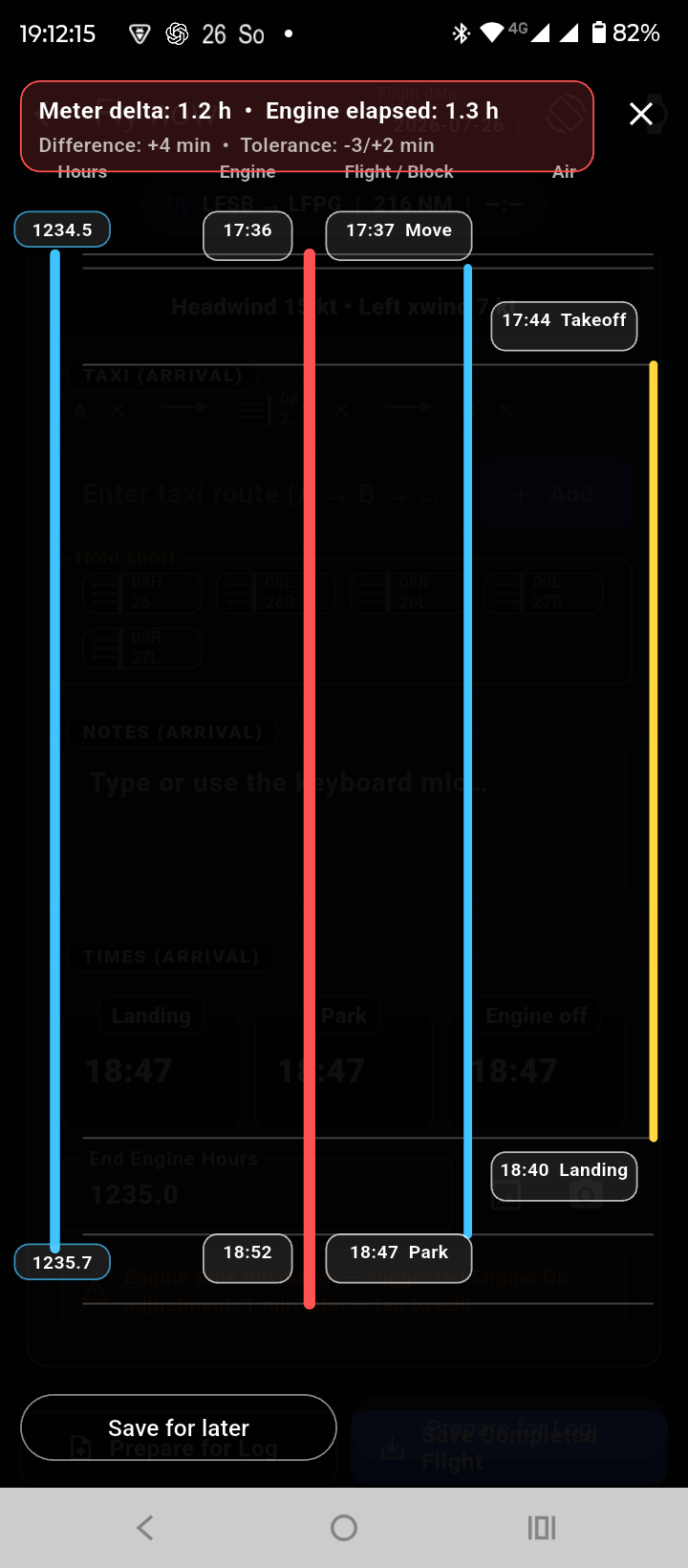Flight timeline reconciliation screen showing a timing warning.