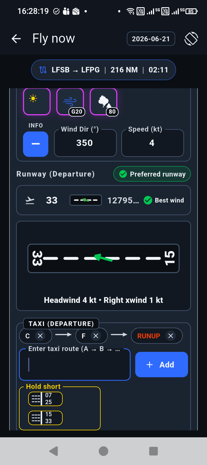 Runway wind and taxi builder screen.